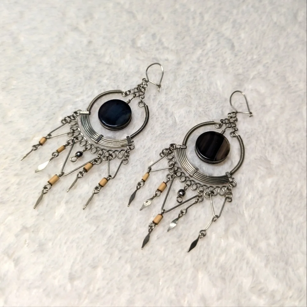 Vintage Artisan Made Sterling Silver Dream Catcher Pierced Earrings - Picture 8 of 8
